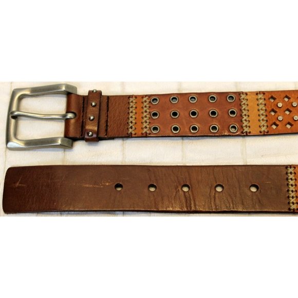 Fossil Leather Brown Belt with Rivets and Metal Studs Cross Stitch Size M - Picture 1 of 4